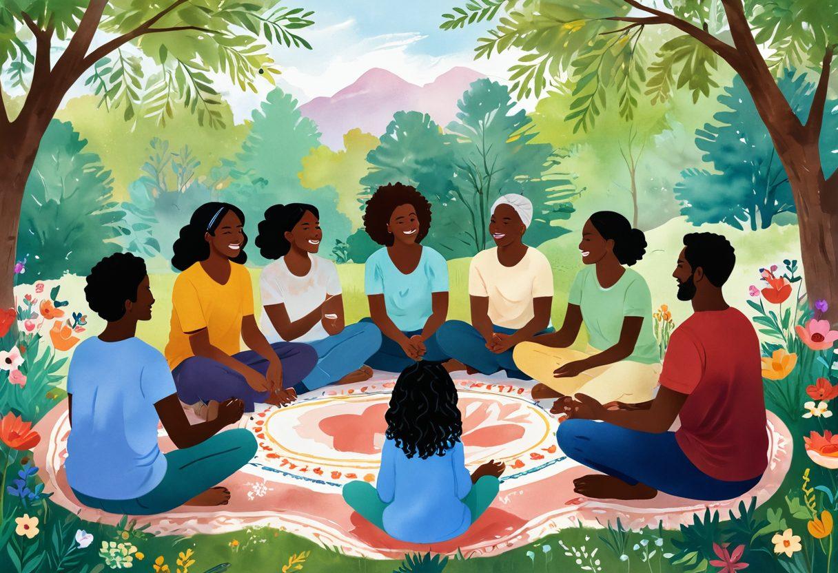 A diverse group of individuals sitting in a cozy circle, sharing stories and laughter, surrounded by nature. Include elements symbolizing emotional support, like open hands, hearts, and flowers. The scene radiates warmth and connection, featuring soft lighting and soothing colors. Overlay inspirational quotes about community and resilience in an elegant font. painting. vibrant colors.