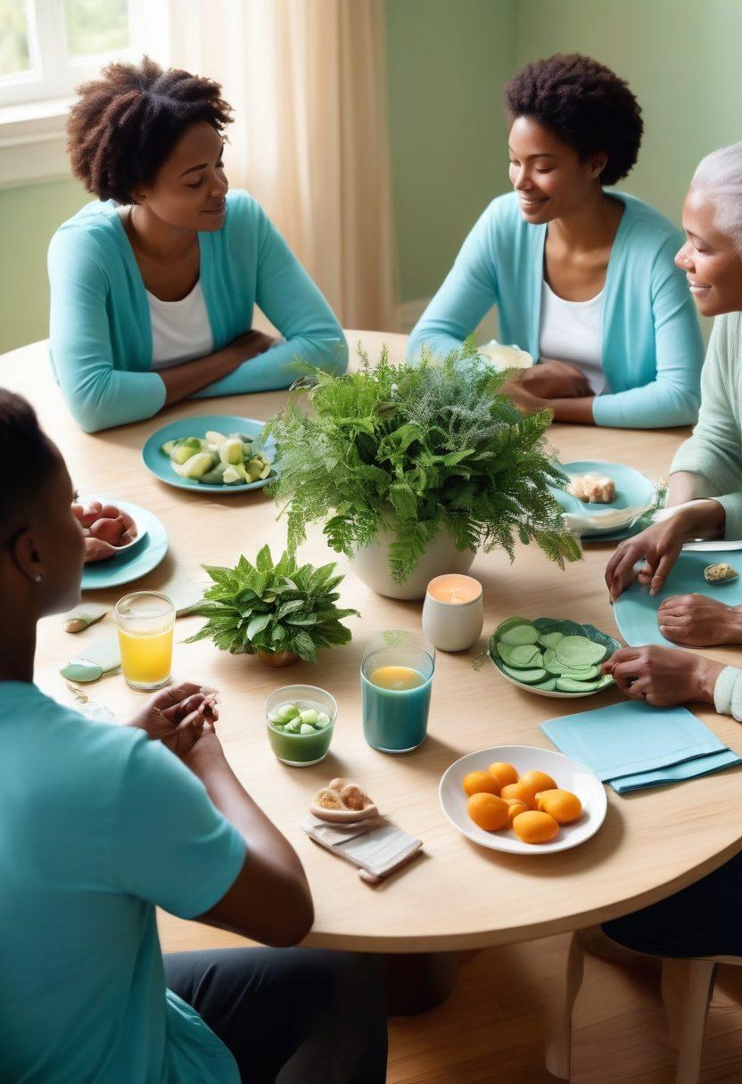 A serene and hopeful scene depicting a diverse group of individuals gathered in a warm, inviting support group setting, surrounded by soft, soothing colors like blues and greens. They are engaged in discussion, with wellness materials and healthy snacks on a table, symbolizing nourishment and care. The atmosphere exudes unity and strength, highlighting the journey of cancer treatment and support. softly lit, natural elements like plants and sunlight. super-realistic. vibrant colors.